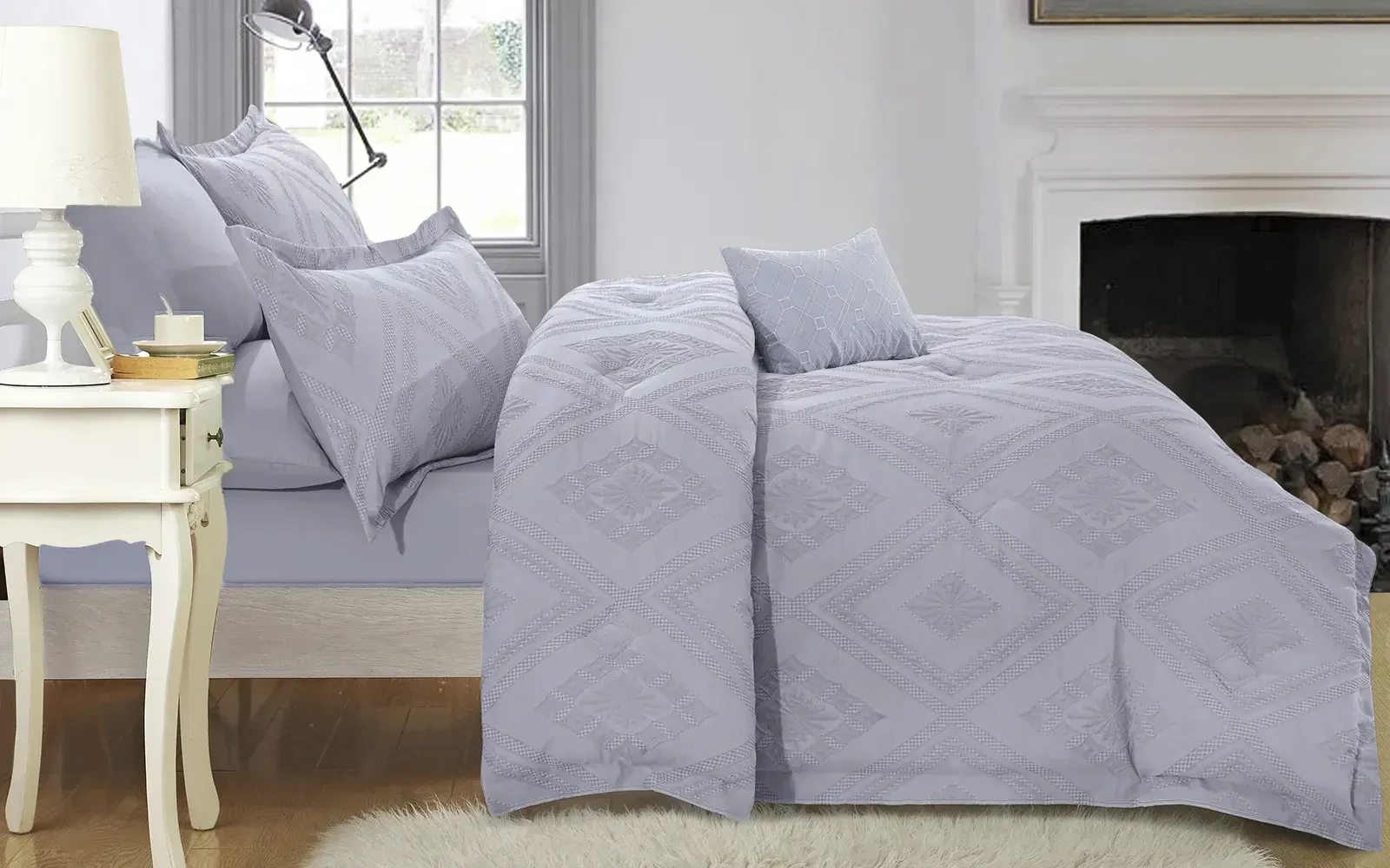 Andalus Cotton Waffle  Jacquard Comforter Bedding Set 7 PCS - King Silver
