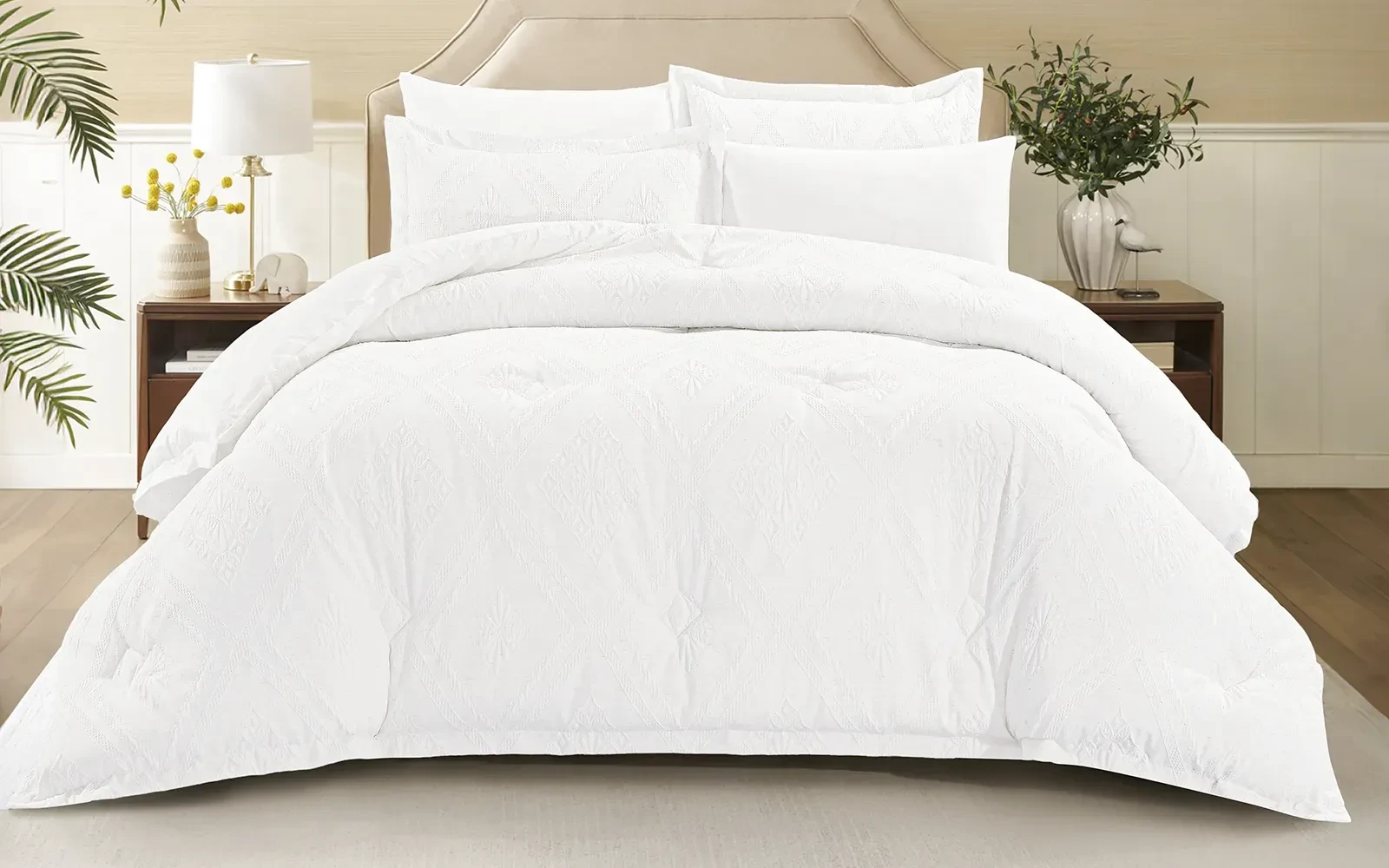 Andalus Cotton Waffle  Jacquard Comforter Bedding Set 6 PCS - Queen Off White