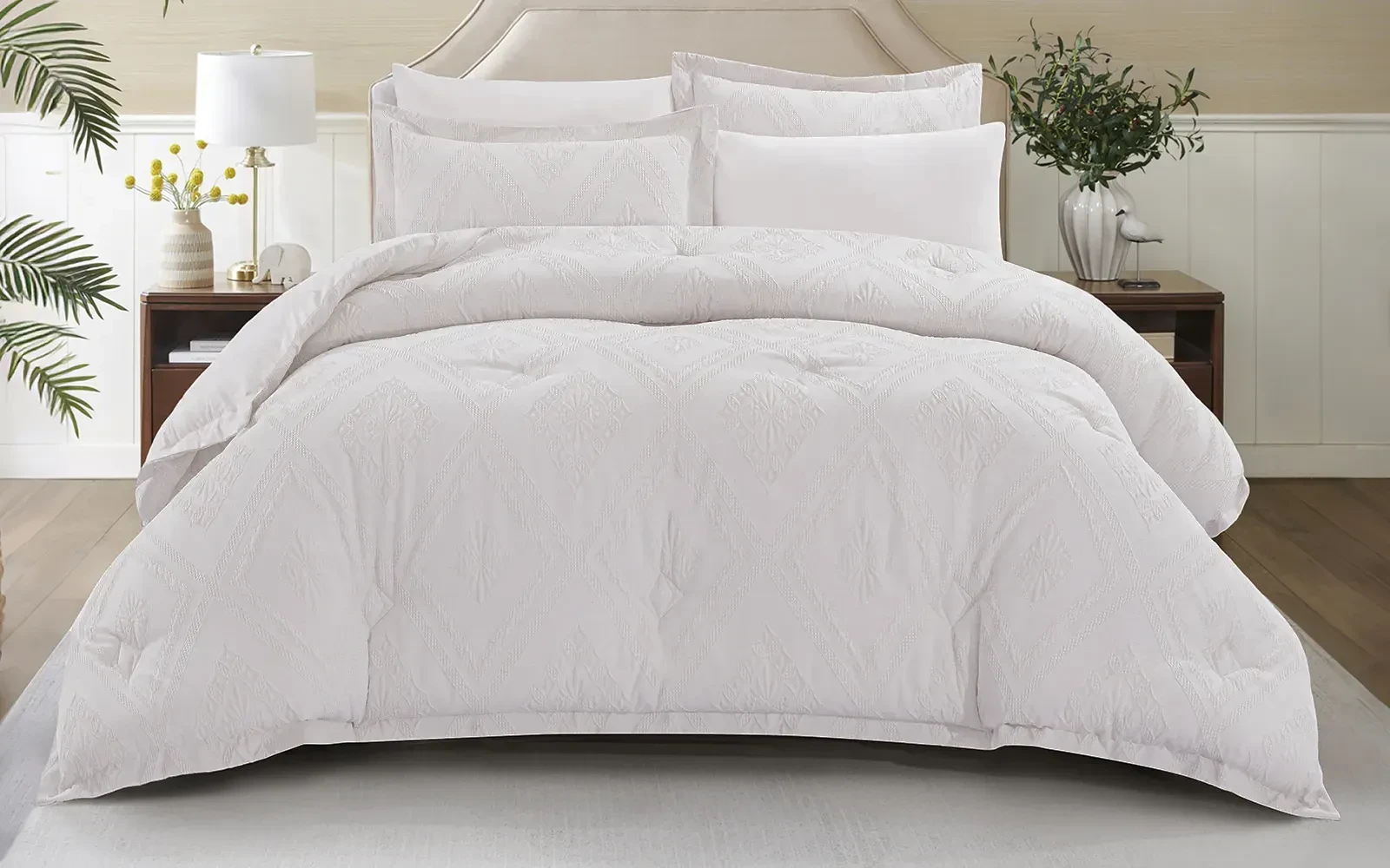 Andalus Cotton Waffle  Jacquard Comforter Bedding Set 6 PCS - Queen L.Beige