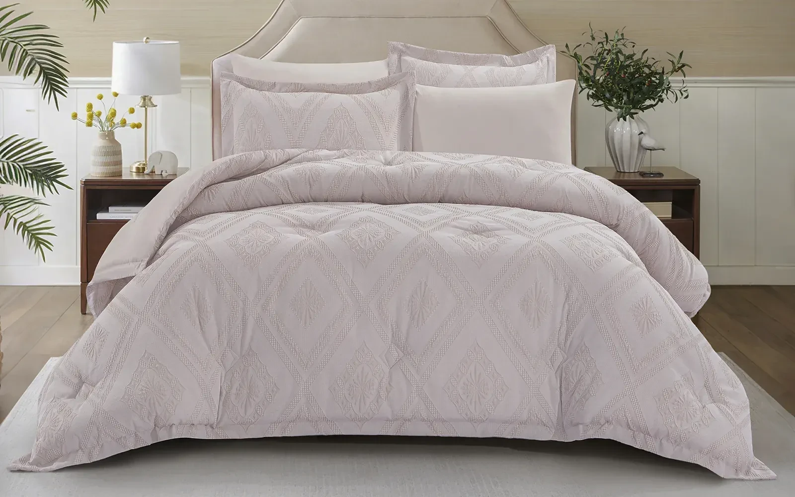 Andalus Cotton Waffle  Jacquard Comforter Bedding Set 6 PCS - Queen Beige