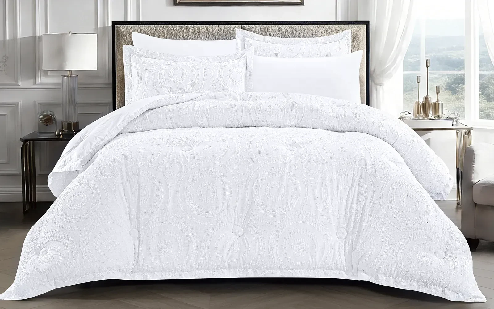 Oriental Cotton Waffle Jacquard Comforter Bedding Set 6 PCS - Queen Off White