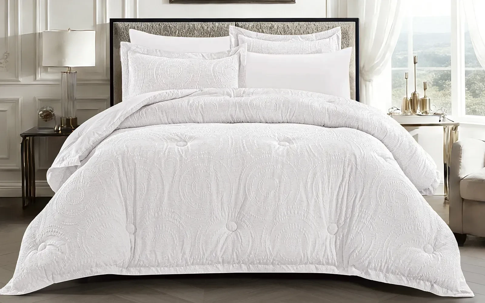 Oriental Cotton Waffle Jacquard Comforter Bedding Set 6 PCS - Queen L.Beige