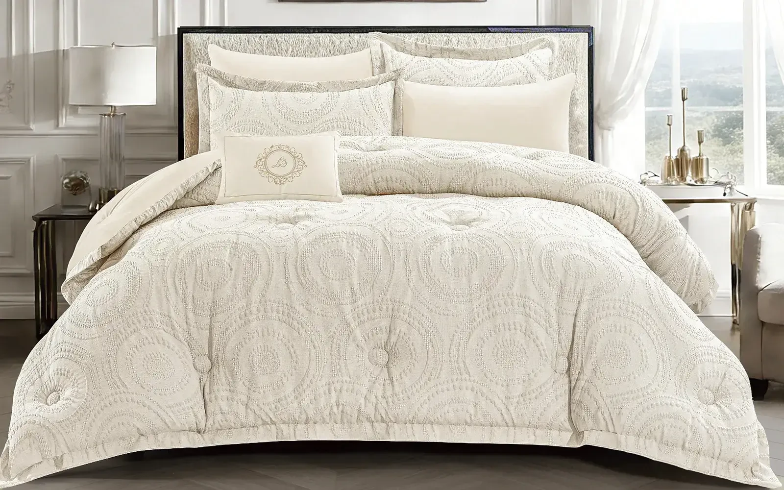 Oriental Cotton Waffle Jacquard Comforter Bedding Set 6 PCS - Queen Beige