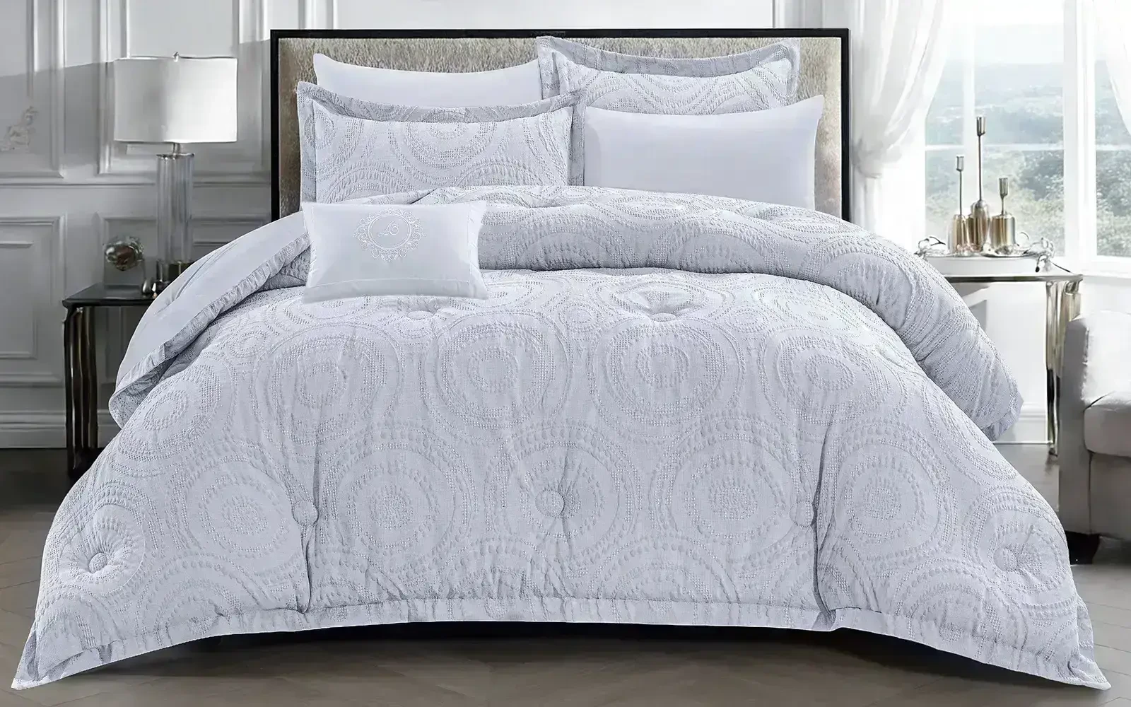 Oriental Cotton Waffle Jacquard Comforter Bedding Set 6 PCS - Queen Silver