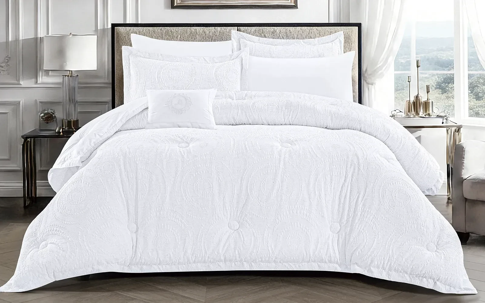 Oriental Cotton Waffle Jacquard Comforter Bedding Set 7 PCS - King Off White