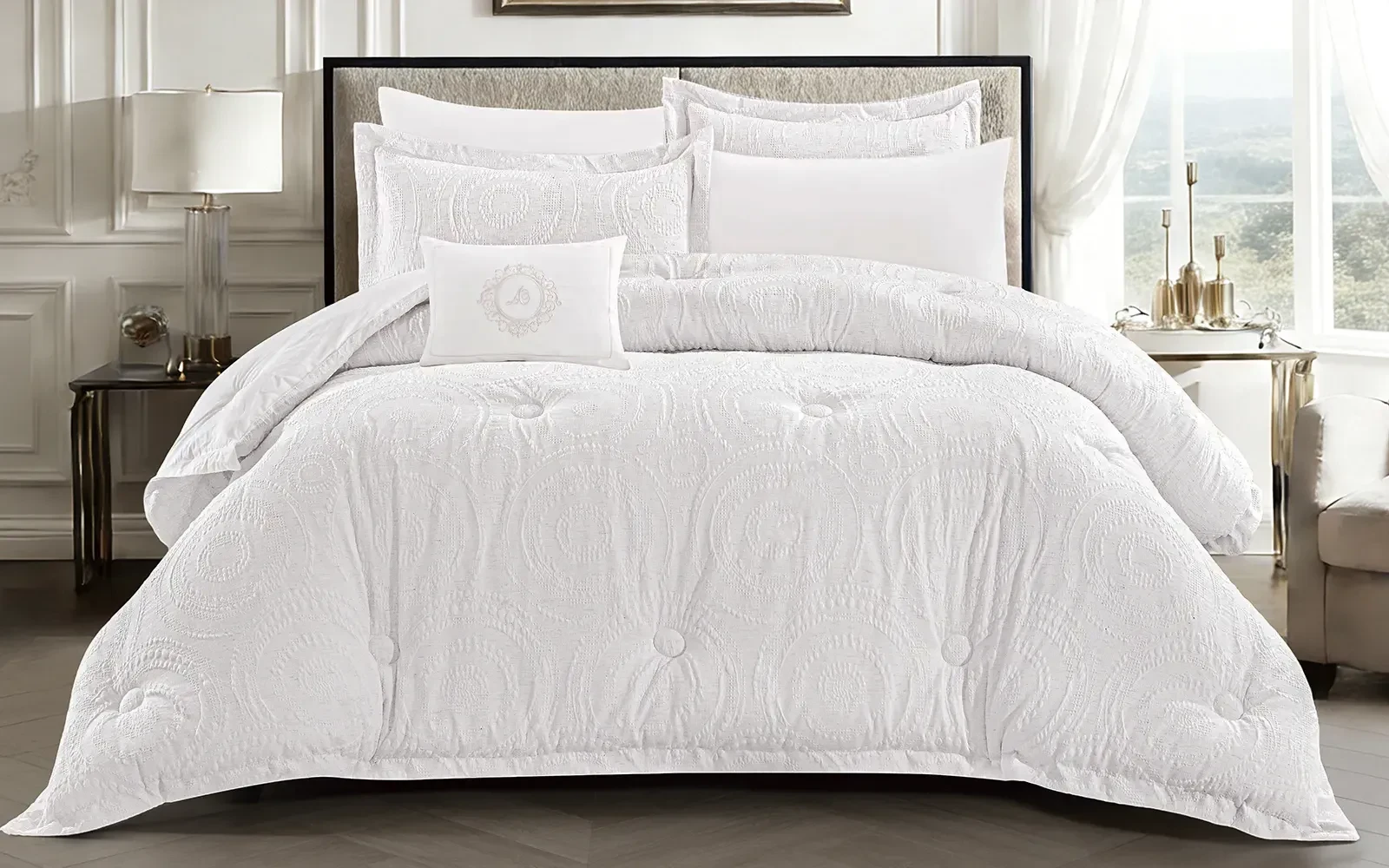 Oriental Cotton Waffle Jacquard Comforter Bedding Set 7 PCS - King L.Beige