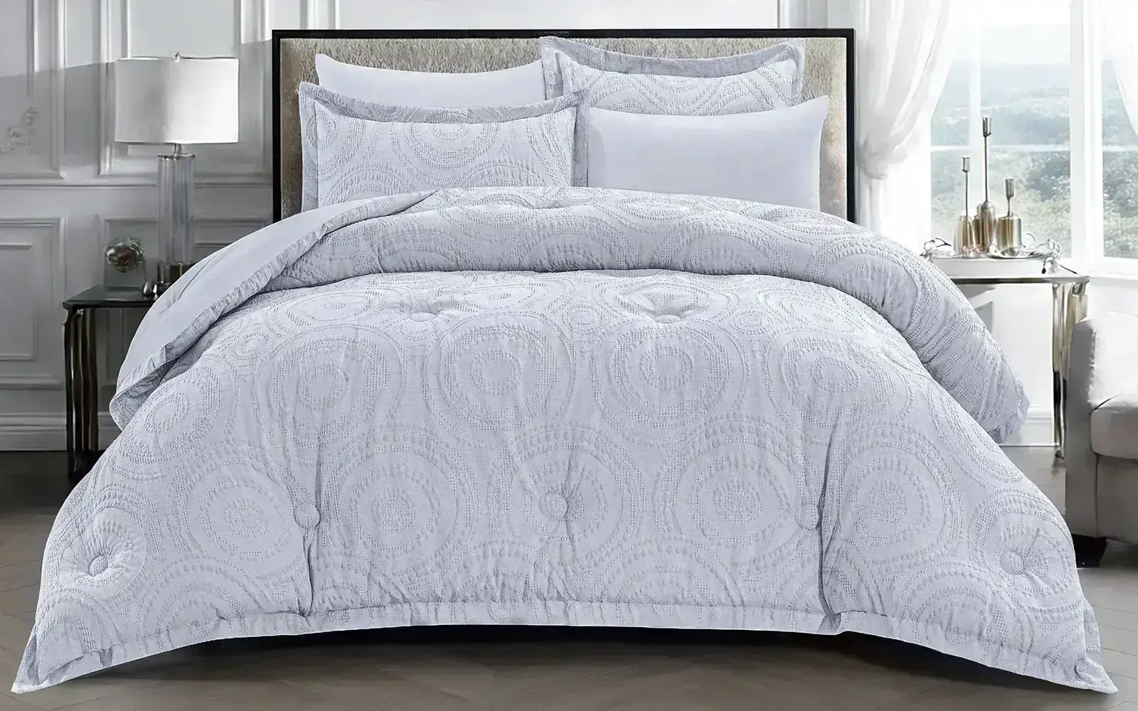 Oriental Cotton Waffle Jacquard Comforter Bedding Set 7 PCS - King Silver