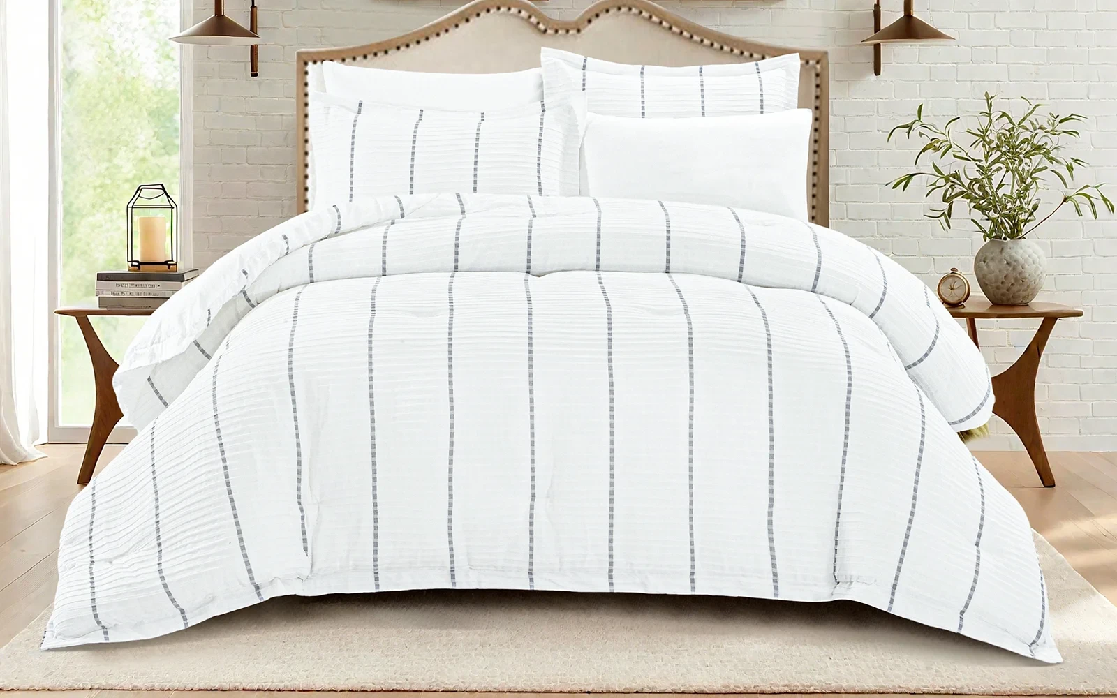 Fantacy Cotton Stripe Crepe Comforter Bedding Set 6 PCS - Queen White