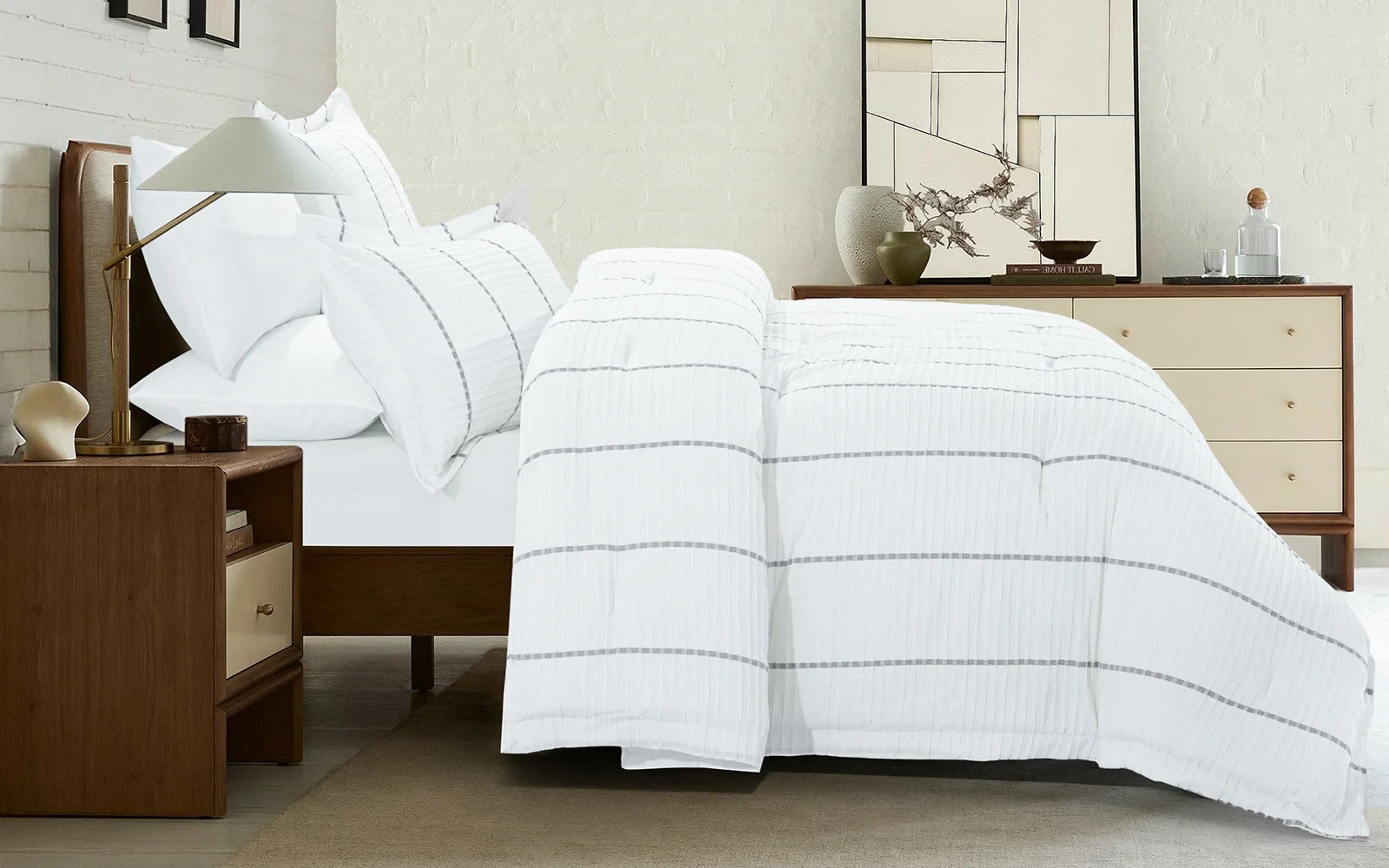 Fantacy Cotton Stripe Crepe Comforter Bedding Set 6 PCS - Queen White