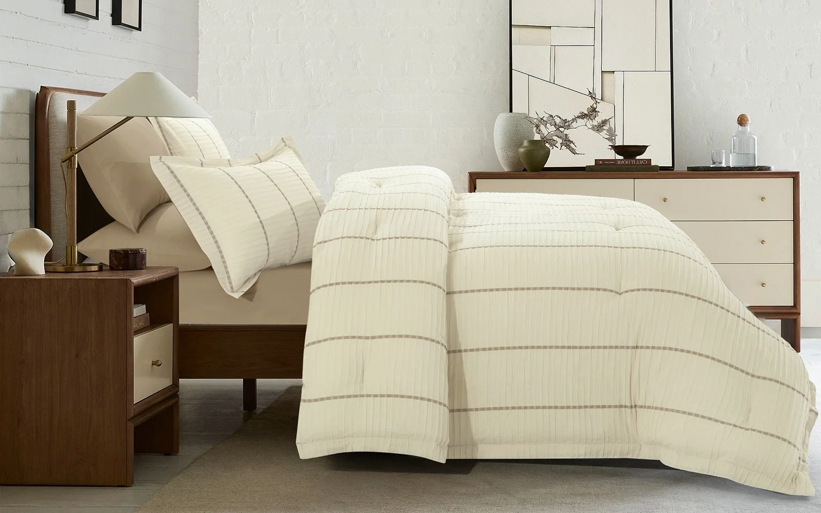 Fantacy Cotton Stripe Crepe Comforter Bedding Set 6 PCS - Queen Beige