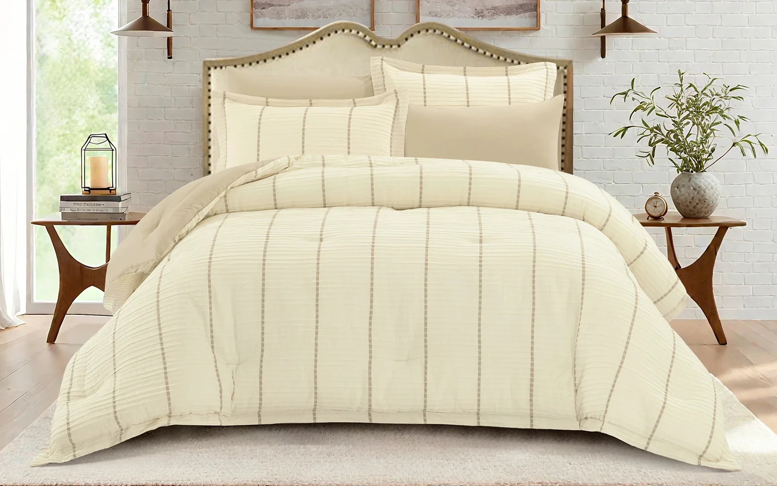 Fantacy Cotton Stripe Crepe Comforter Bedding Set 6 PCS - Queen Beige