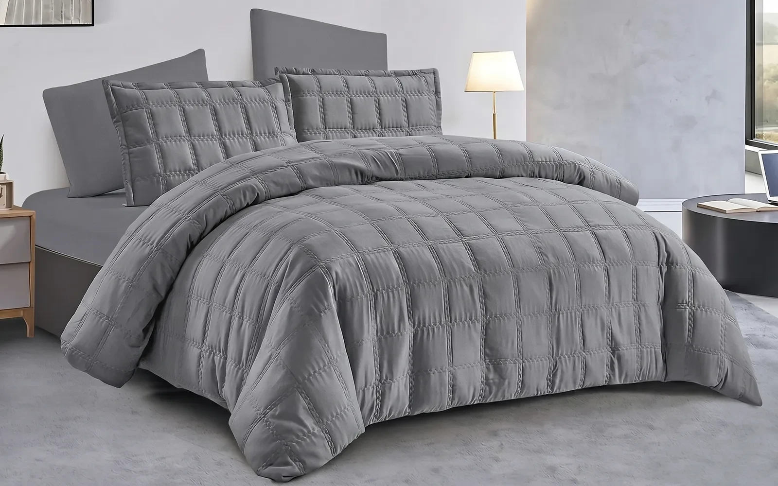 Yinda Comforter Bedding Set 6 PCS - Queen D.Grey