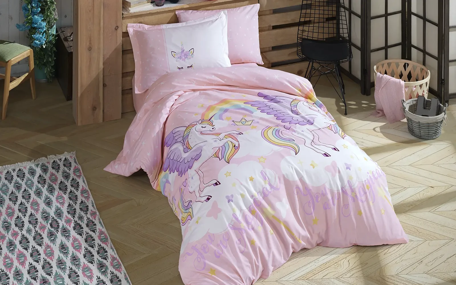 Turkey Cotton Printed Double Face Kids Comforter Bedding Set 4 PCS - Multi Color