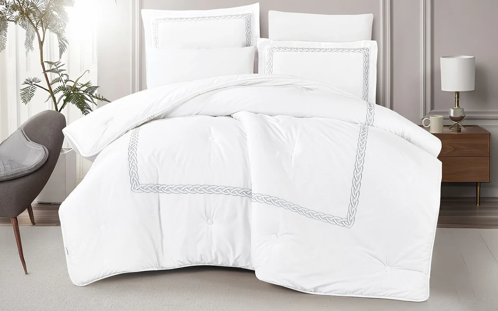 Grace Cotton Embroidered Comforter Bedding Set 6 PCS - Queen White & Silver