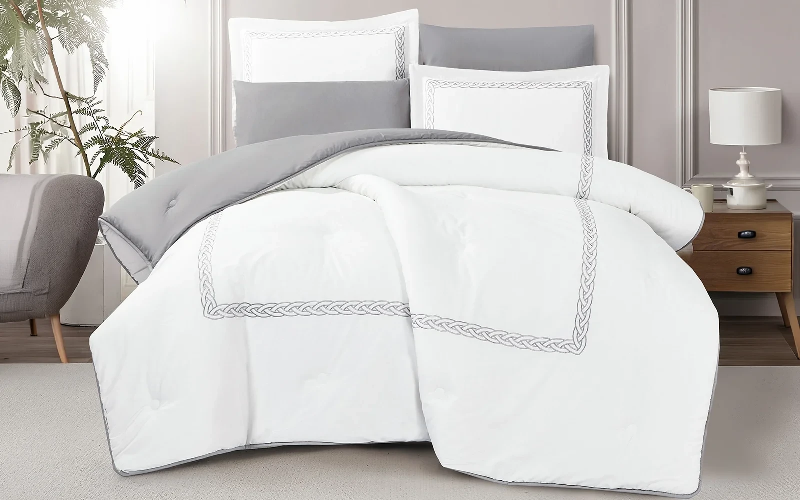 Grace Cotton Embroidered Comforter Bedding Set 6 PCS - Queen White & Grey