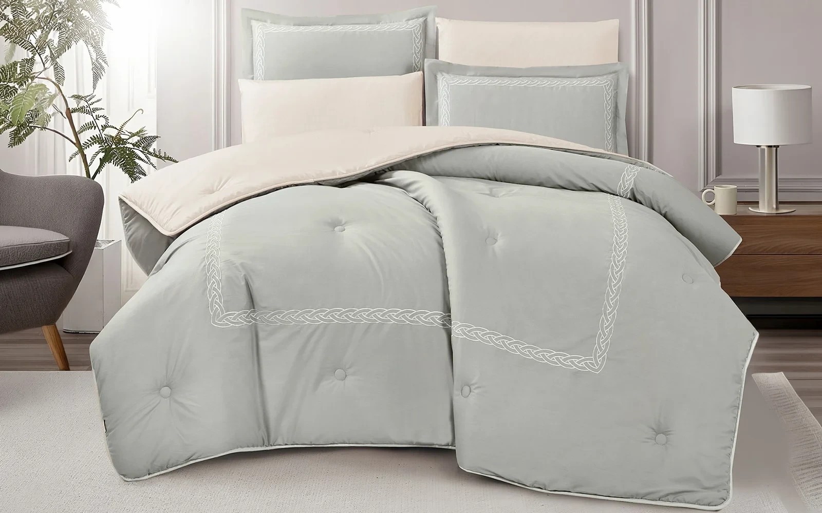 Grace Cotton Embroidered Comforter Bedding Set 6 PCS - Queen Grey