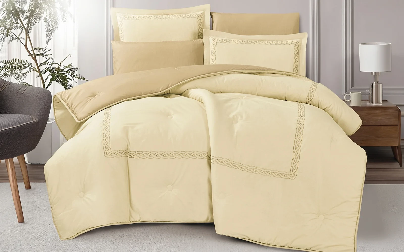 Grace Cotton Embroidered Comforter Bedding Set 6 PCS - Queen Beige