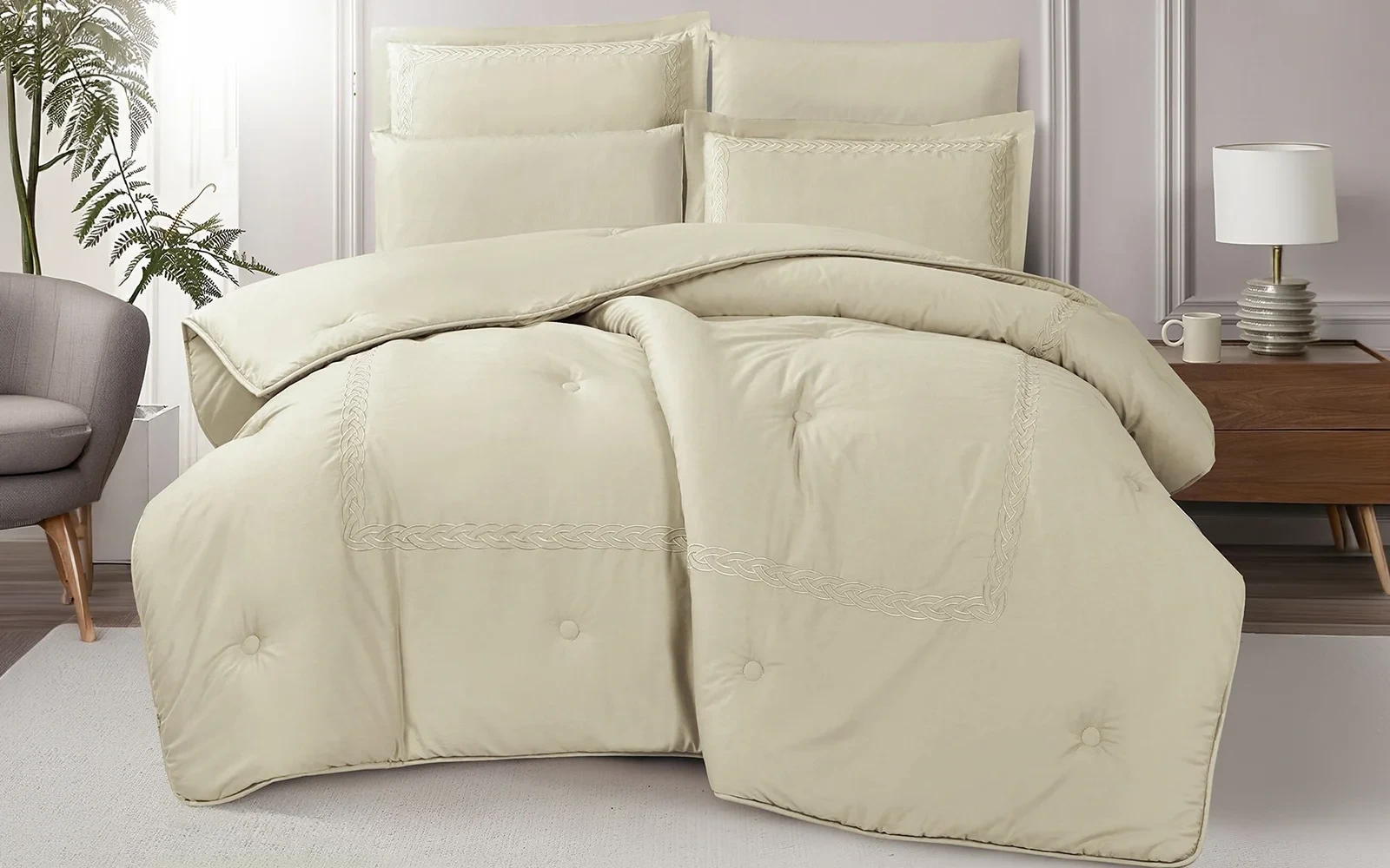 Grace Cotton Embroidered Comforter Bedding Set 6 PCS - Queen D.Beige