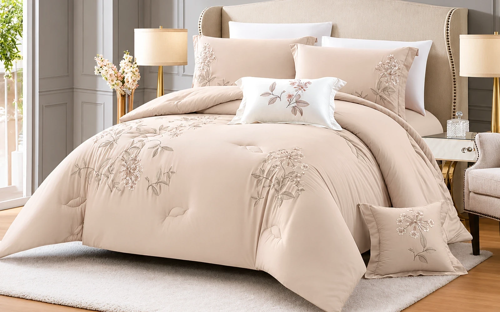 Rosalie Cotton Embroidered Comforter Bedding Set 8 PCS - King Pudra & White