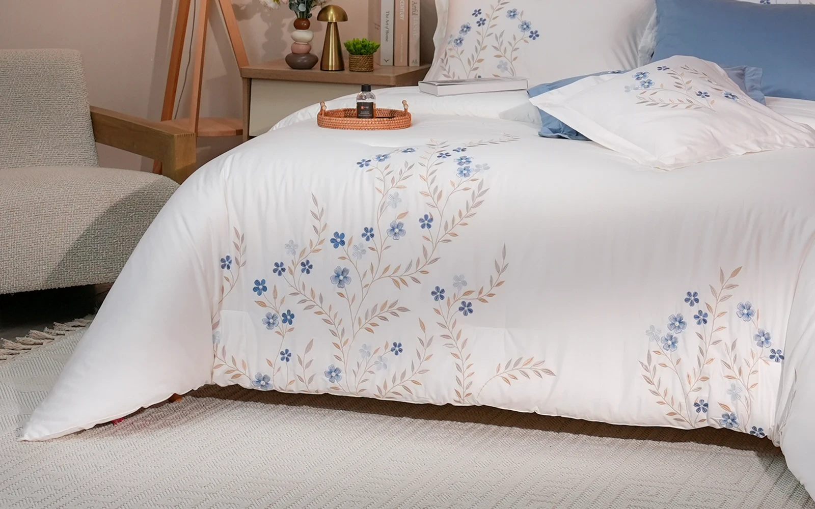 Rosalie Cotton Embroidered Comforter Bedding Set 8 PCS - King White & Blue
