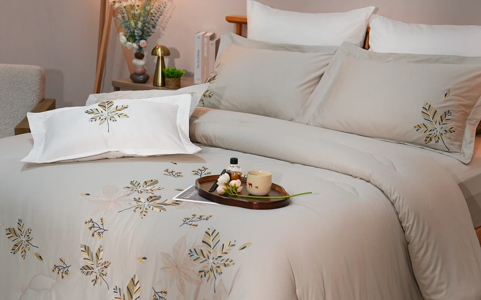 Rosalie Cotton Embroidered Comforter Bedding Set 8 PCS - King L.Grey & White