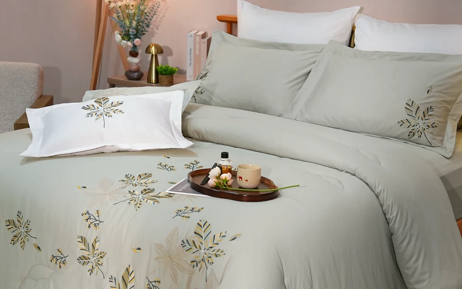 Rosalie Cotton Embroidered Comforter Bedding Set 8 PCS - King L.Grey & White
