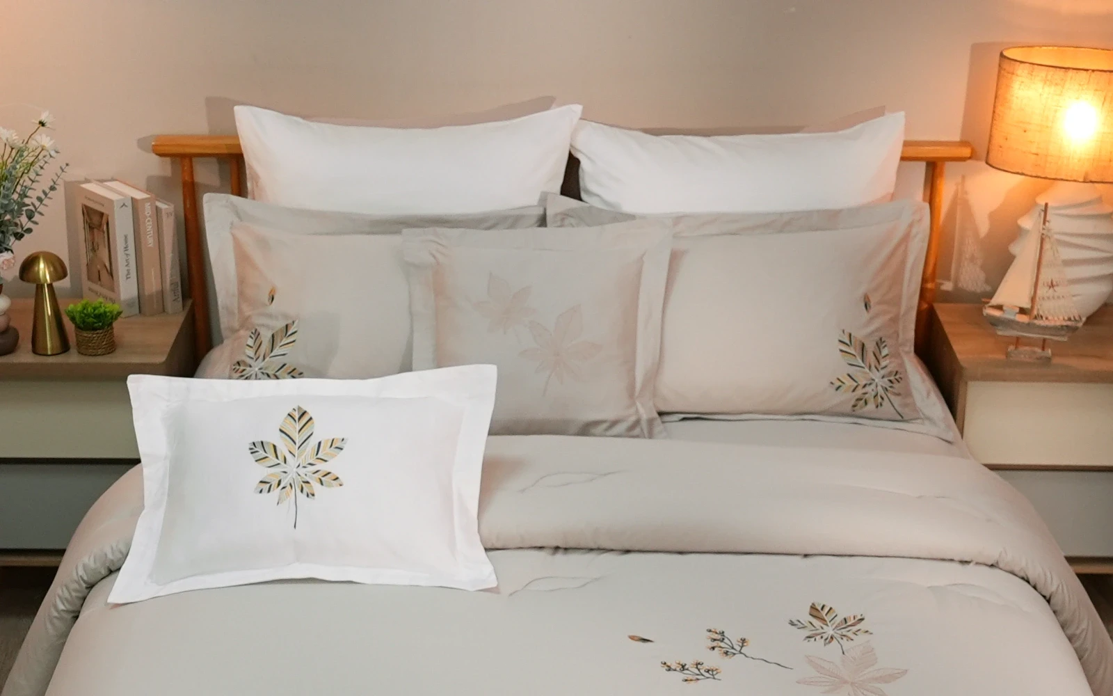 Rosalie Cotton Embroidered Comforter Bedding Set 8 PCS - King L.Grey & White