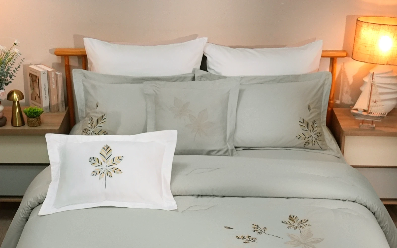 Rosalie Cotton Embroidered Comforter Bedding Set 8 PCS - King L.Grey & White