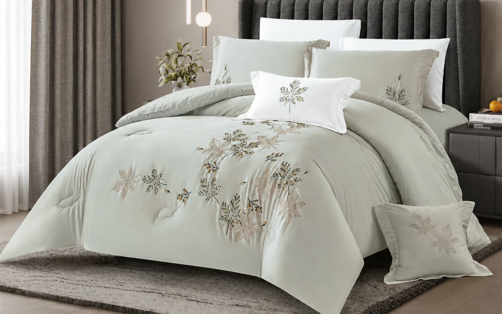 Rosalie Cotton Embroidered Comforter Bedding Set 8 PCS - King L.Grey & White