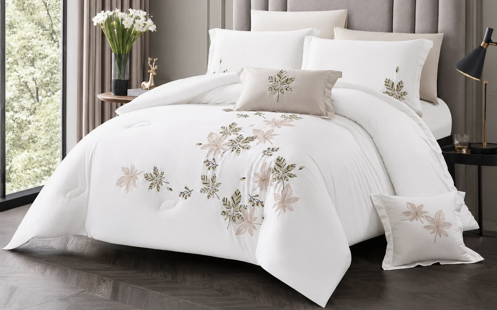 Rosalie Cotton Embroidered Comforter Bedding Set 8 PCS - King White & L.Grey