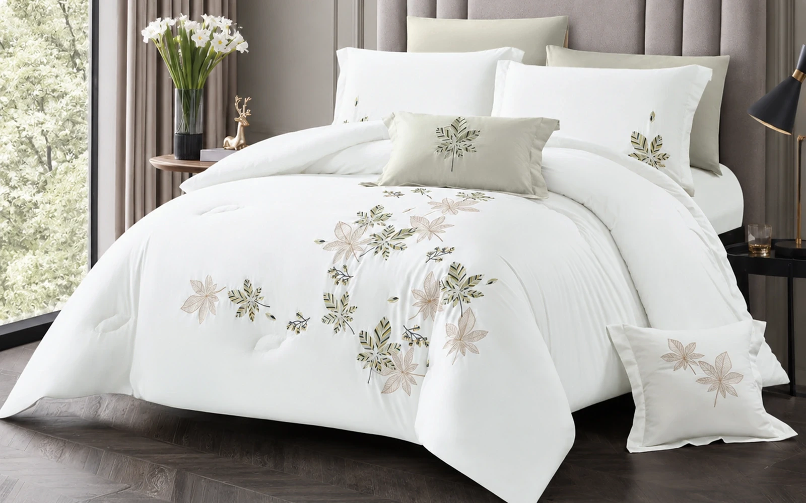 Rosalie Cotton Embroidered Comforter Bedding Set 8 PCS - King White & L.Grey