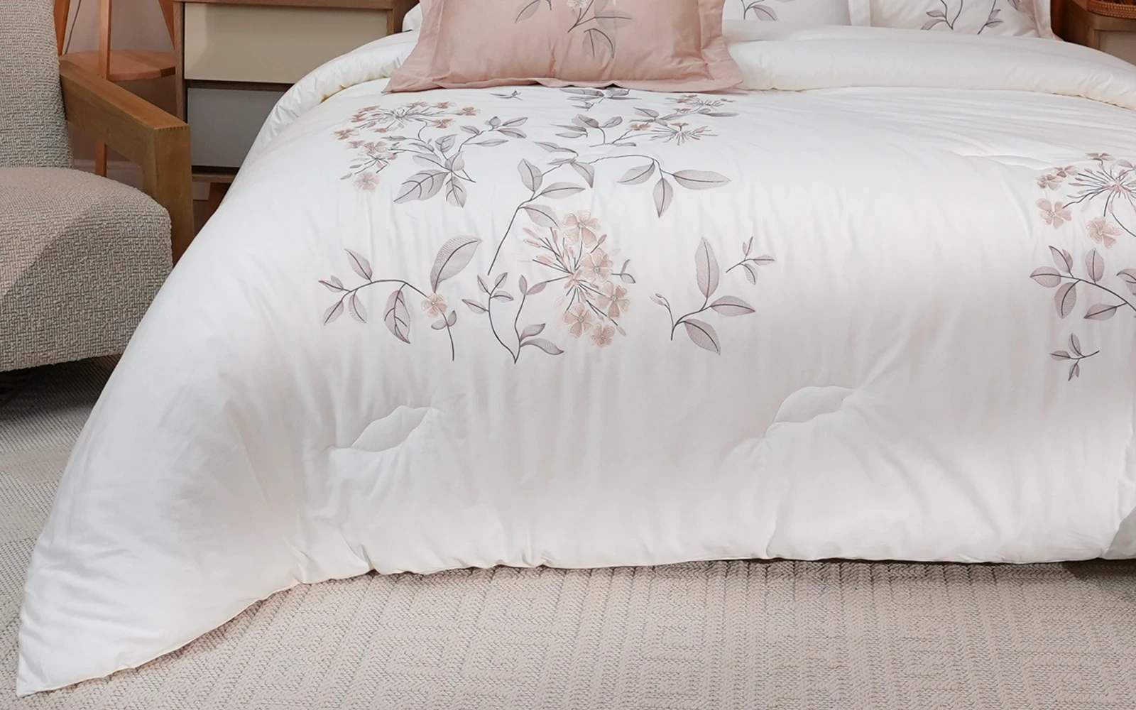 Rosalie Cotton Embroidered Comforter Bedding Set 8 PCS - King White & Beige