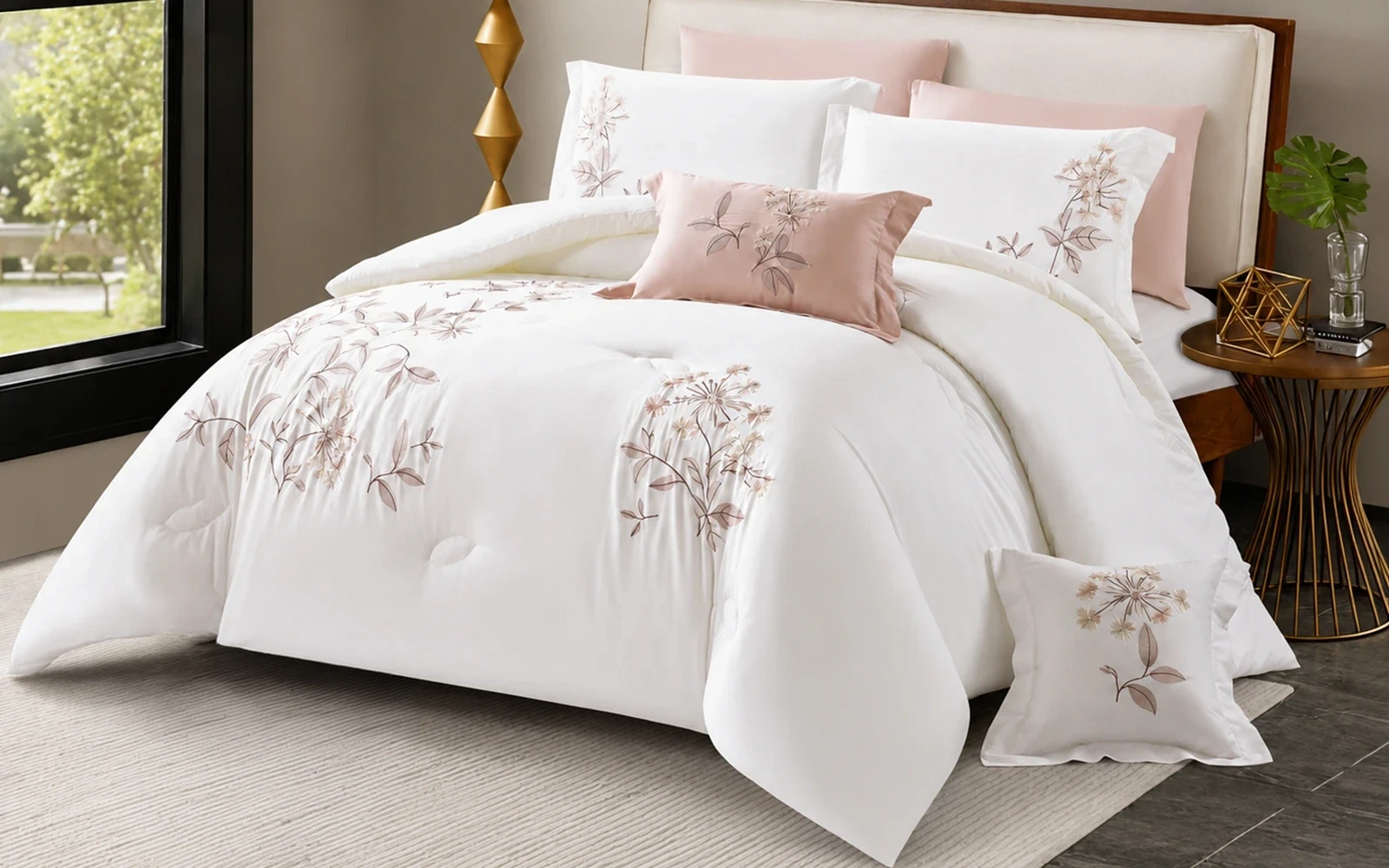 Rosalie Cotton Embroidered Comforter Bedding Set 8 PCS - King White & Beige