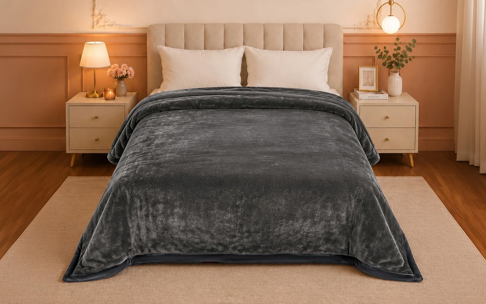 Al Saad Home Flannel Plain Blanket 2 ply - King D.Grey