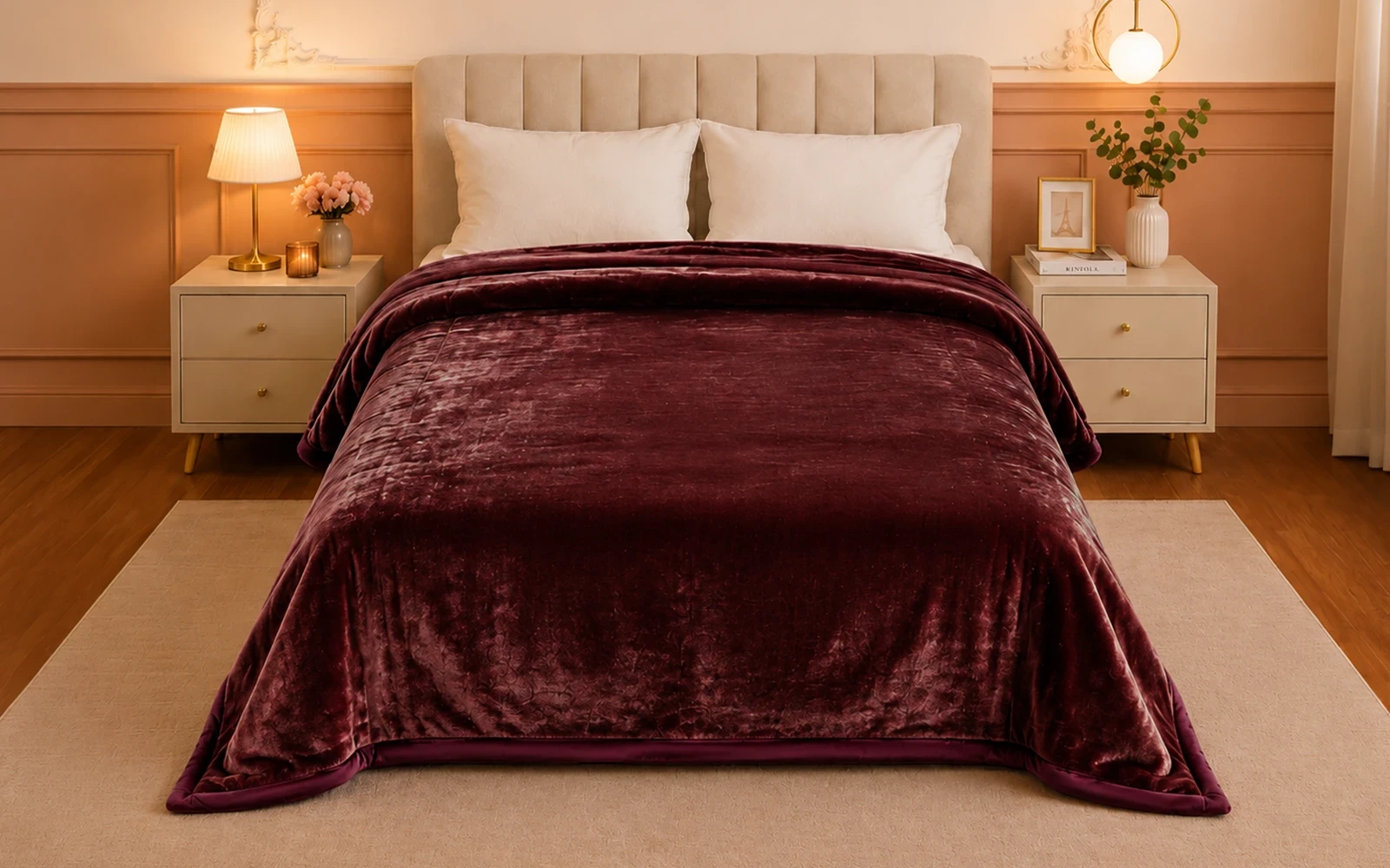 Al Saad Home Flannel Plain Blanket 2 ply - King Burgandy