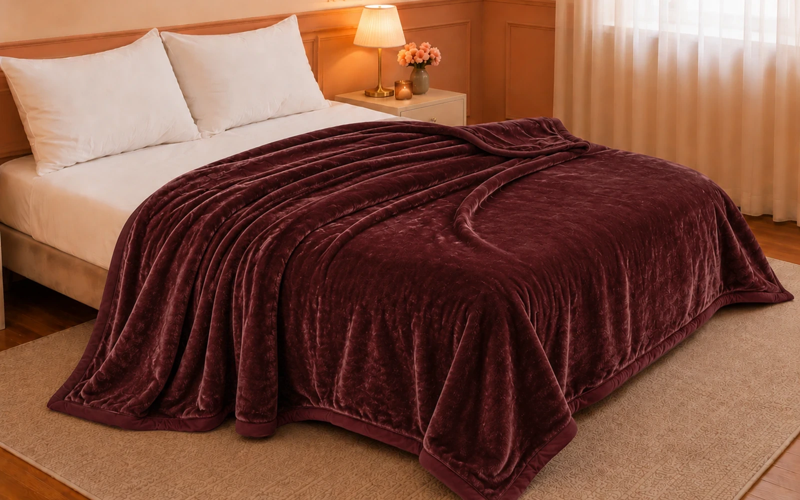 Al Saad Home Flannel Plain Blanket 2 ply - King Burgandy