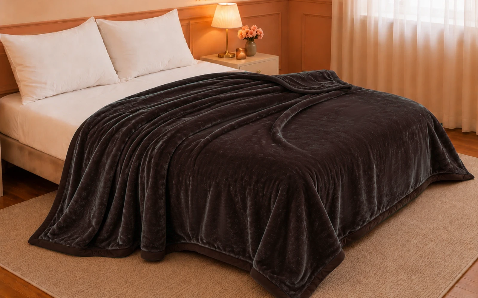 Al Saad Home Flannel Plain Blanket 2 ply - King Brown