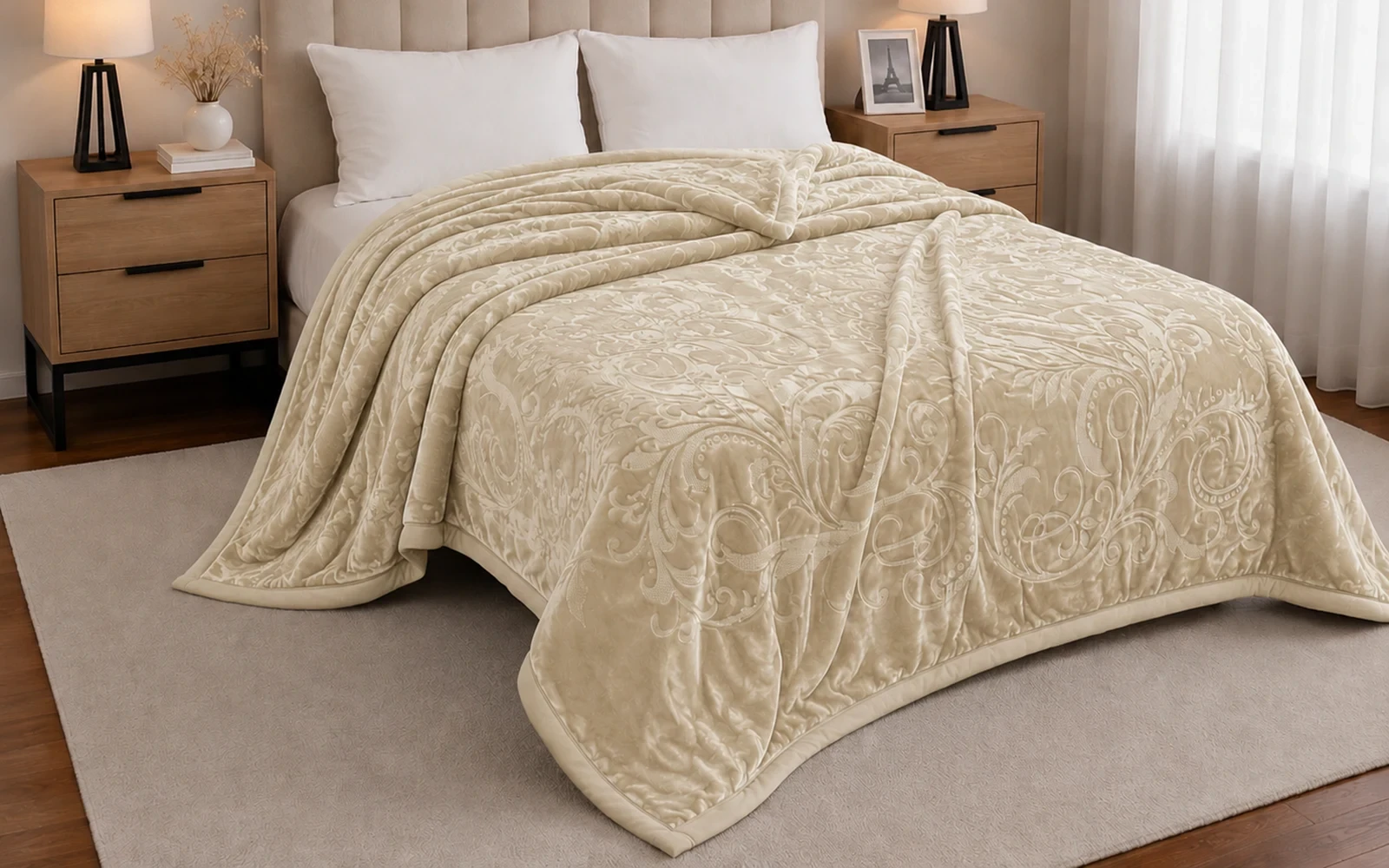 Al Saad Home Flannel Embossed Blanket 2 ply - King Beige