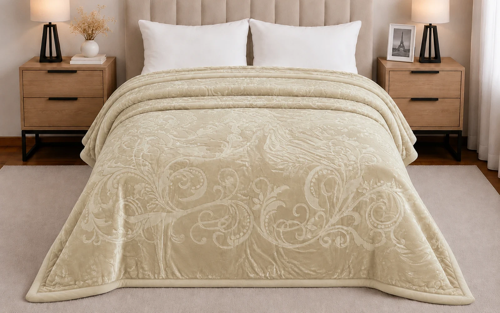Al Saad Home Flannel Embossed Blanket 2 ply - King Beige