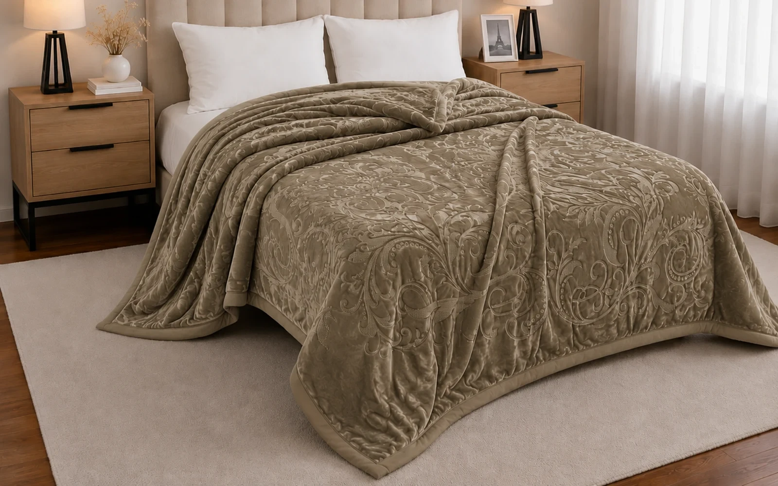Al Saad Home Flannel Embossed Blanket 2 ply - King D.Beige