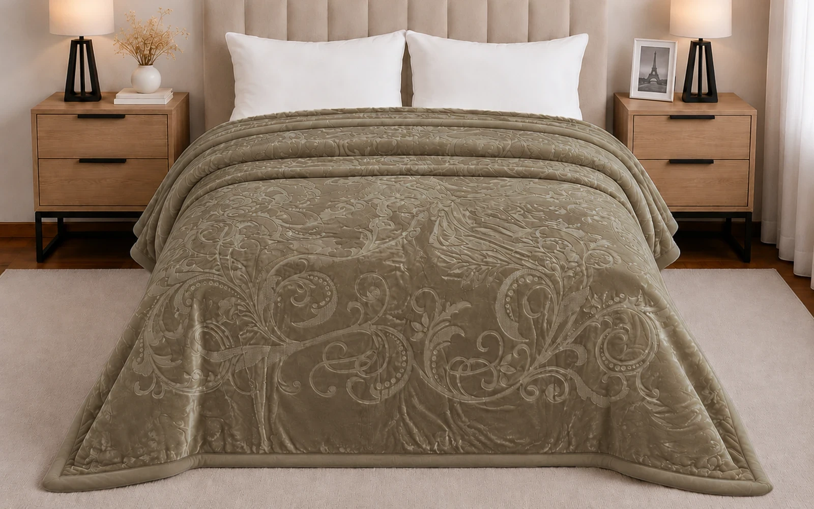 Al Saad Home Flannel Embossed Blanket 2 ply - King D.Beige
