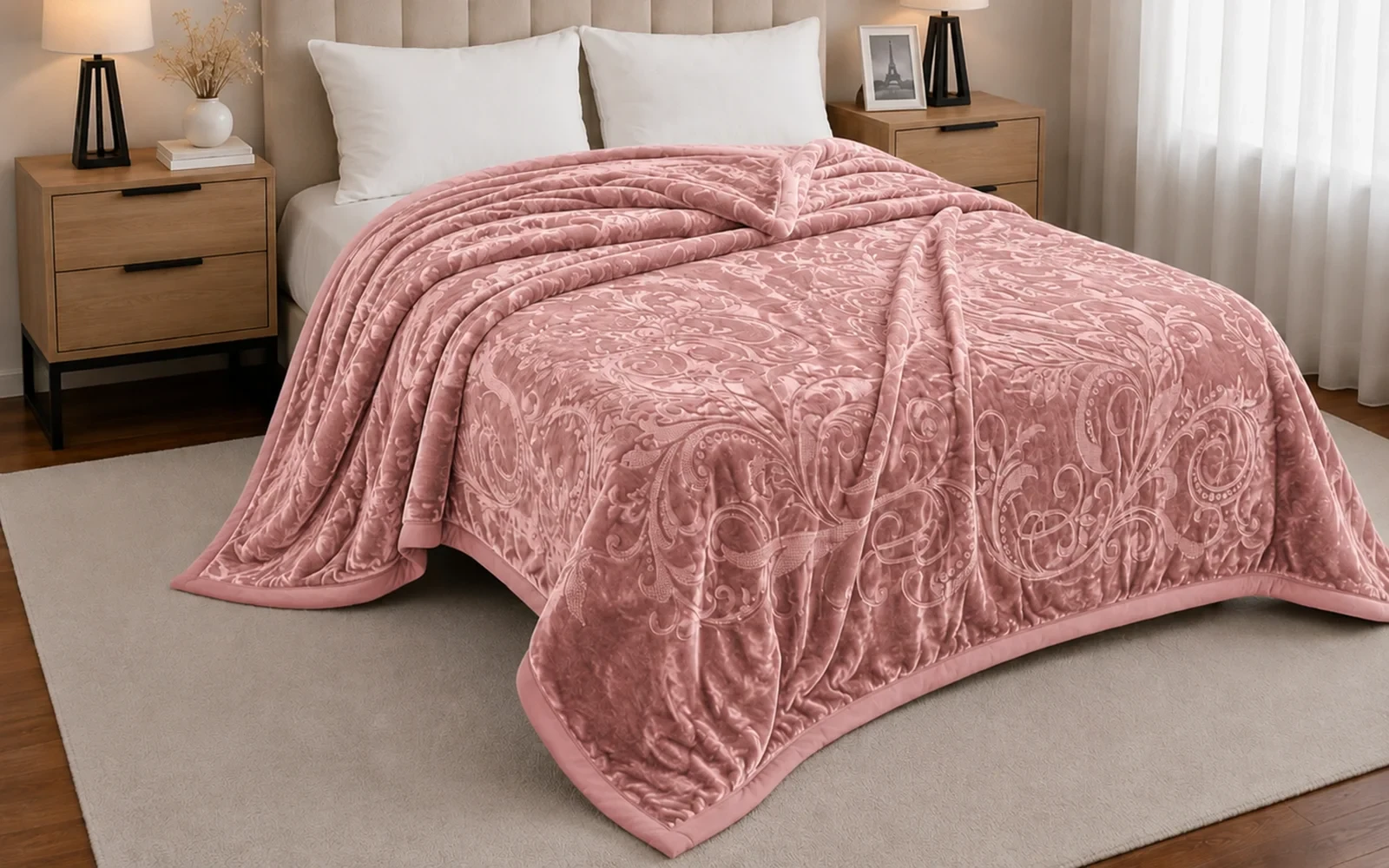 Al Saad Home Flannel Embossed Blanket 2 ply - King Pink