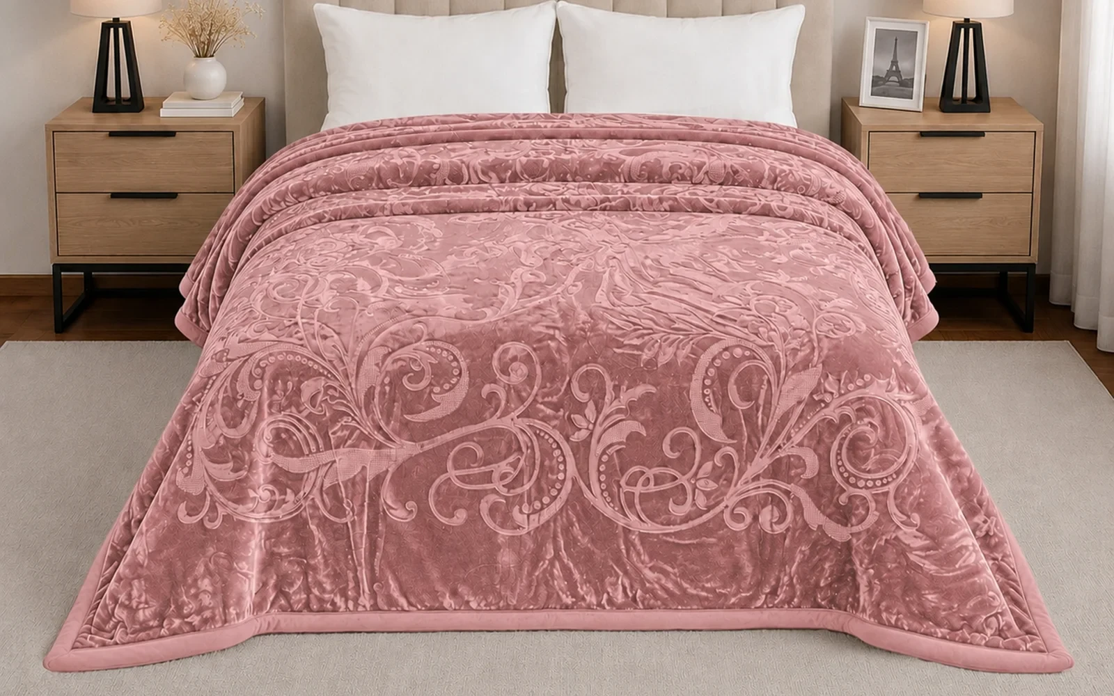 Al Saad Home Flannel Embossed Blanket 2 ply - King Pink