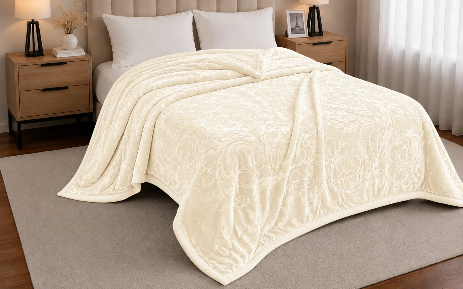 Al Saad Home Flannel Embossed Blanket 2 ply - King L.Beige
