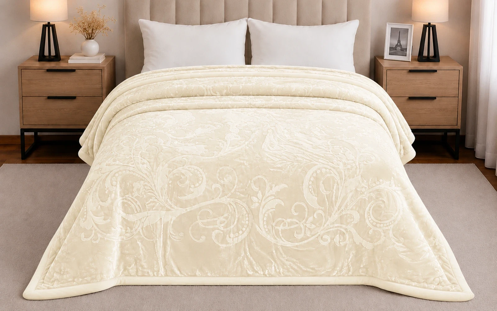 Al Saad Home Flannel Embossed Blanket 2 ply - King L.Beige