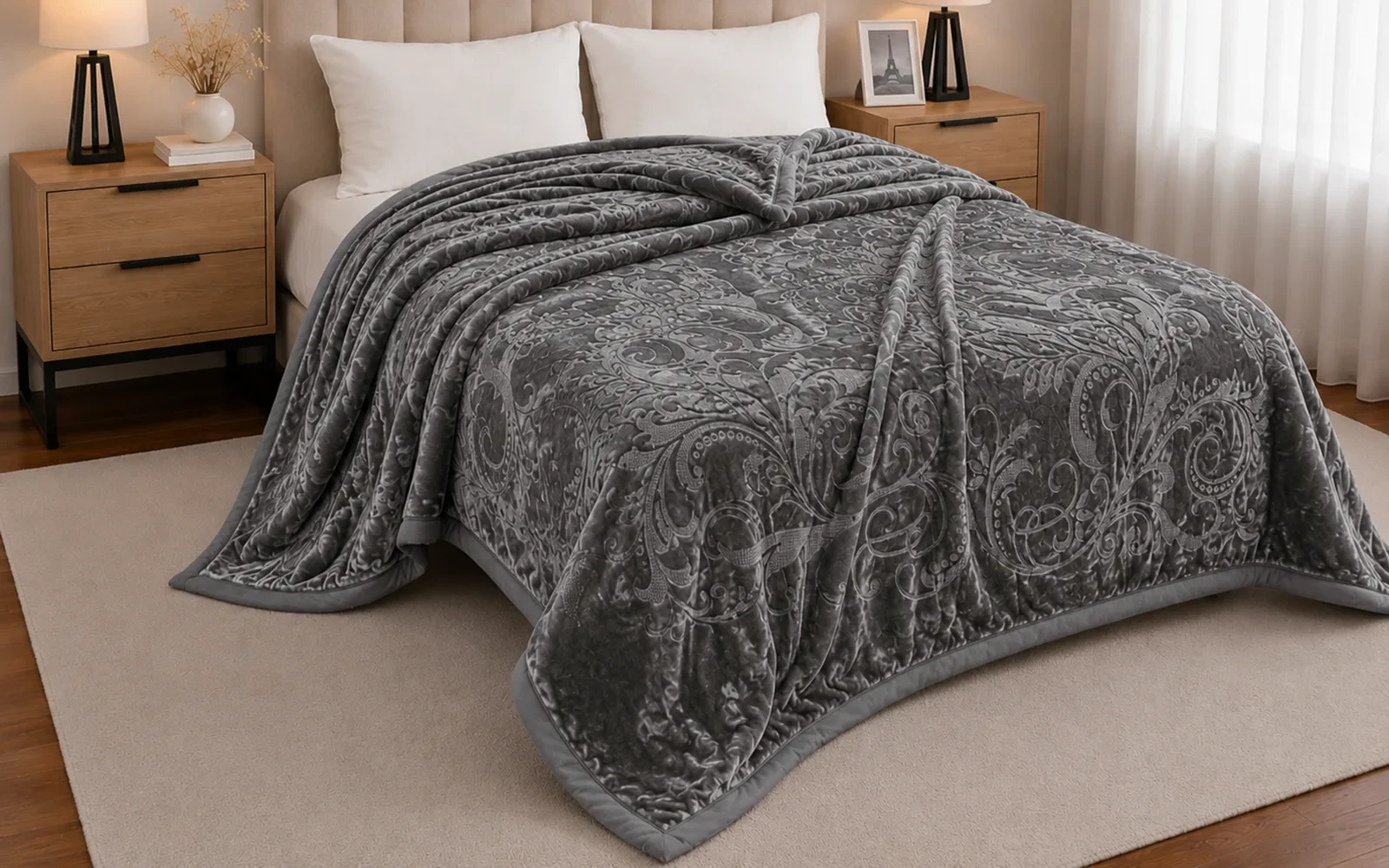 Al Saad Home Flannel Embossed Blanket 2 ply - King D.Grey