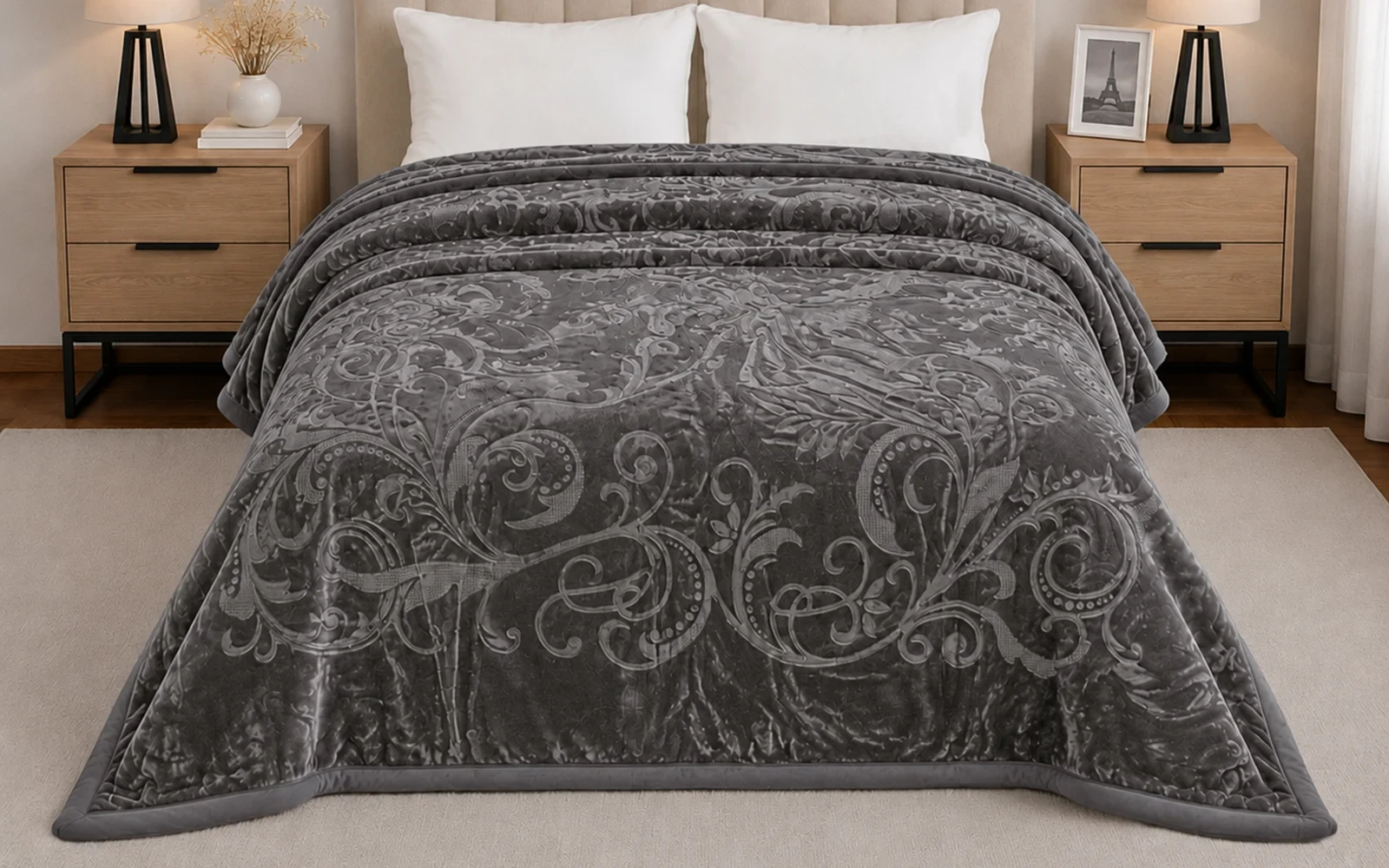 Al Saad Home Flannel Embossed Blanket 2 ply - King D.Grey