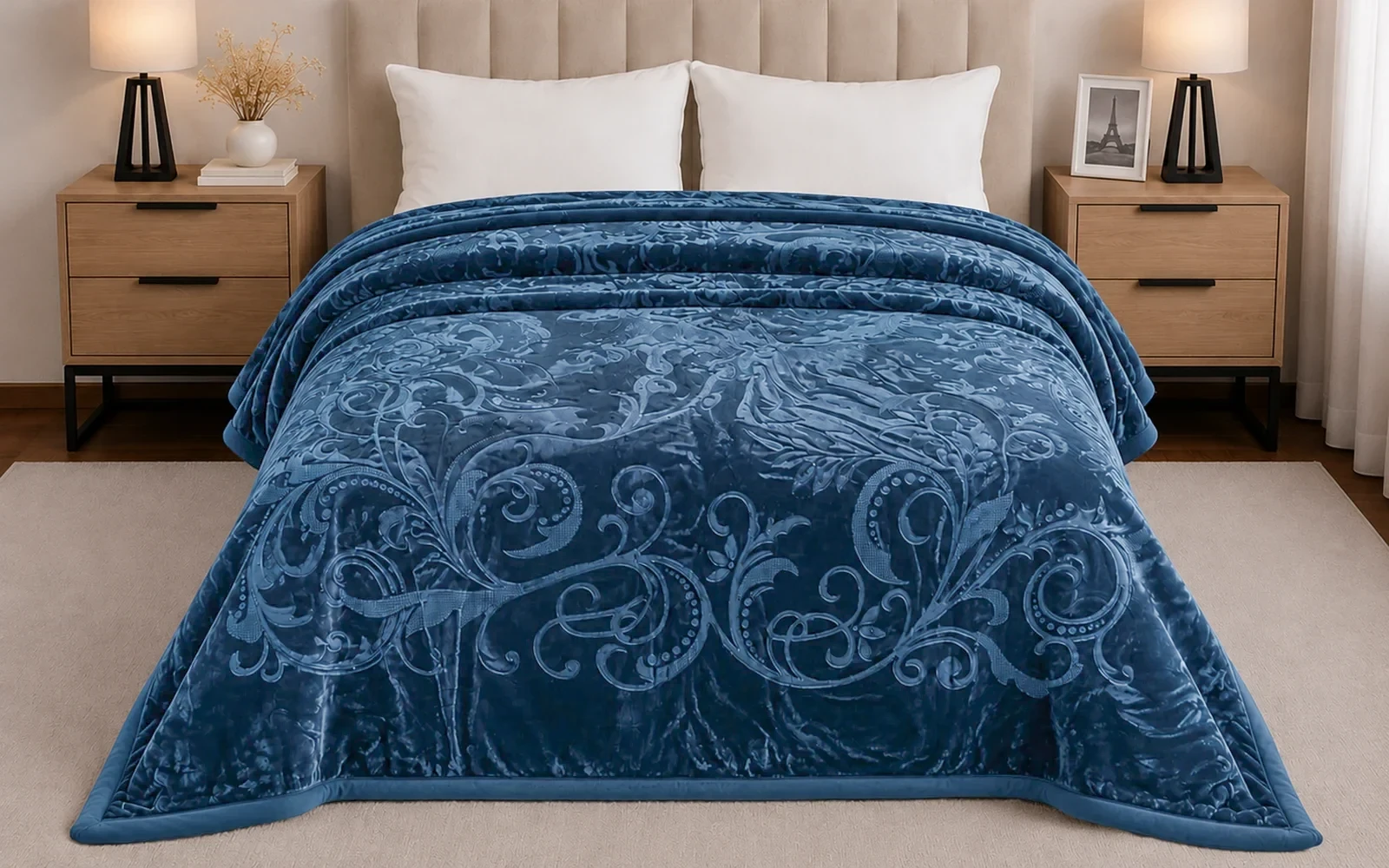 Al Saad Home Flannel Embossed Blanket 2 ply - King Blue