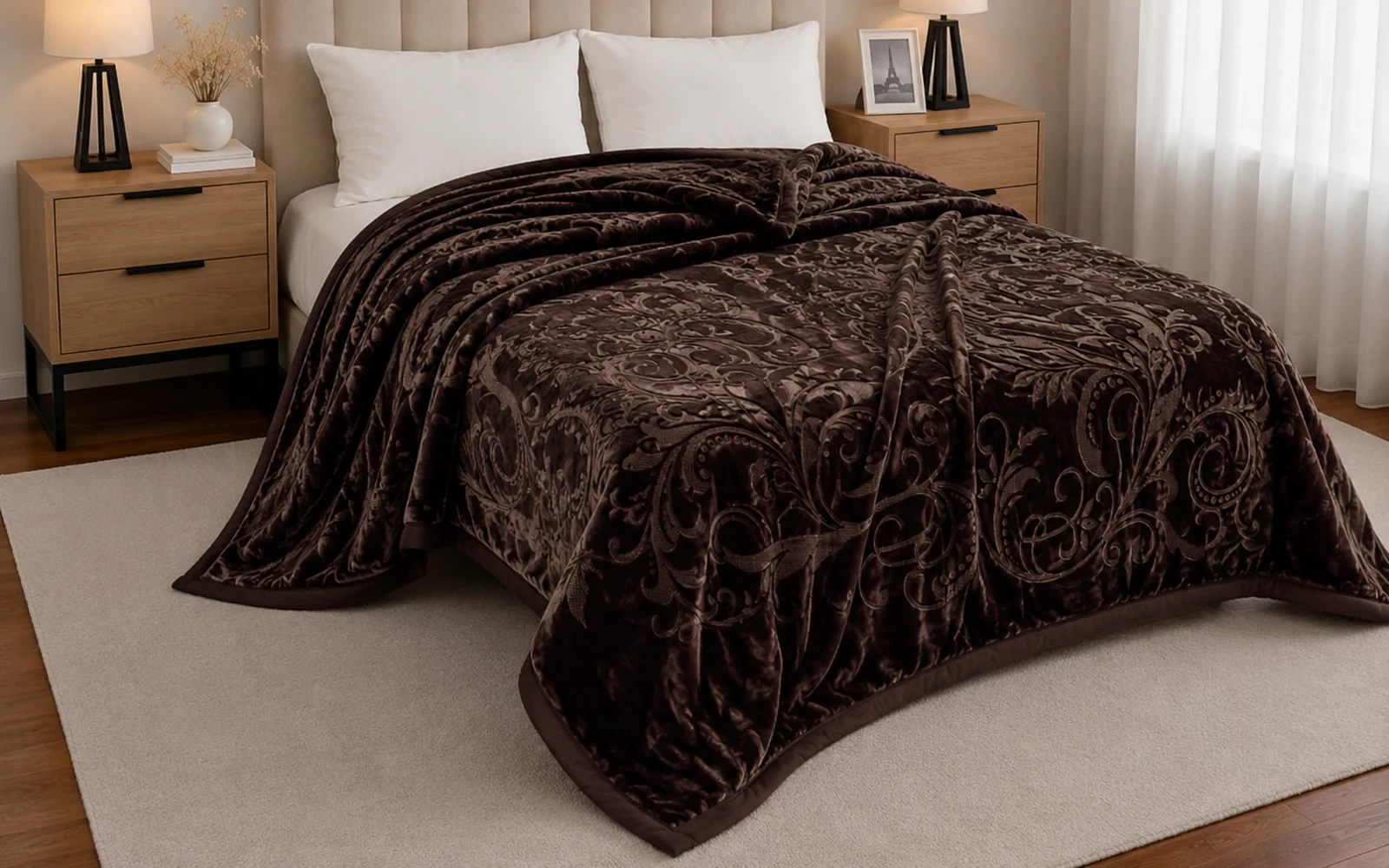 Al Saad Home Flannel Embossed Blanket 2 ply - King Brown