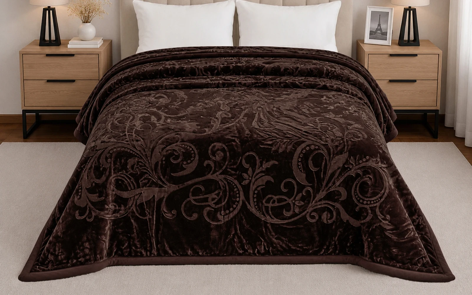 Al Saad Home Flannel Embossed Blanket 2 ply - King Brown